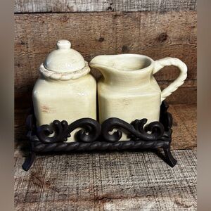 Artimino Fleur De Lis Cream Tuscan Countryside Cream & Sugar with Iron Stand